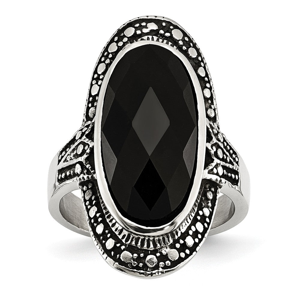Sophia Jewelers Stainless Steel Black Glass Antiqued Fashion Ring Main image