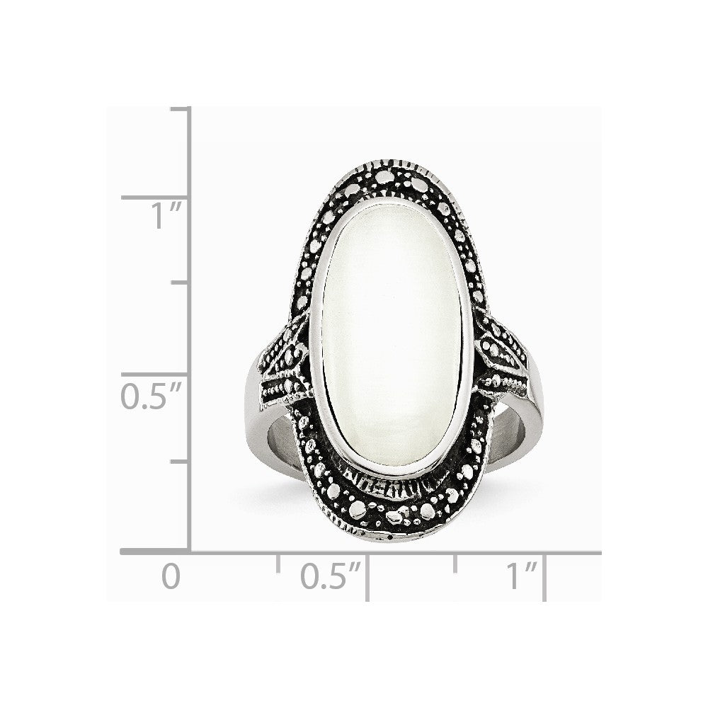 Stainless Steel Antiqued & White Cat's Eye Size 9 Ring