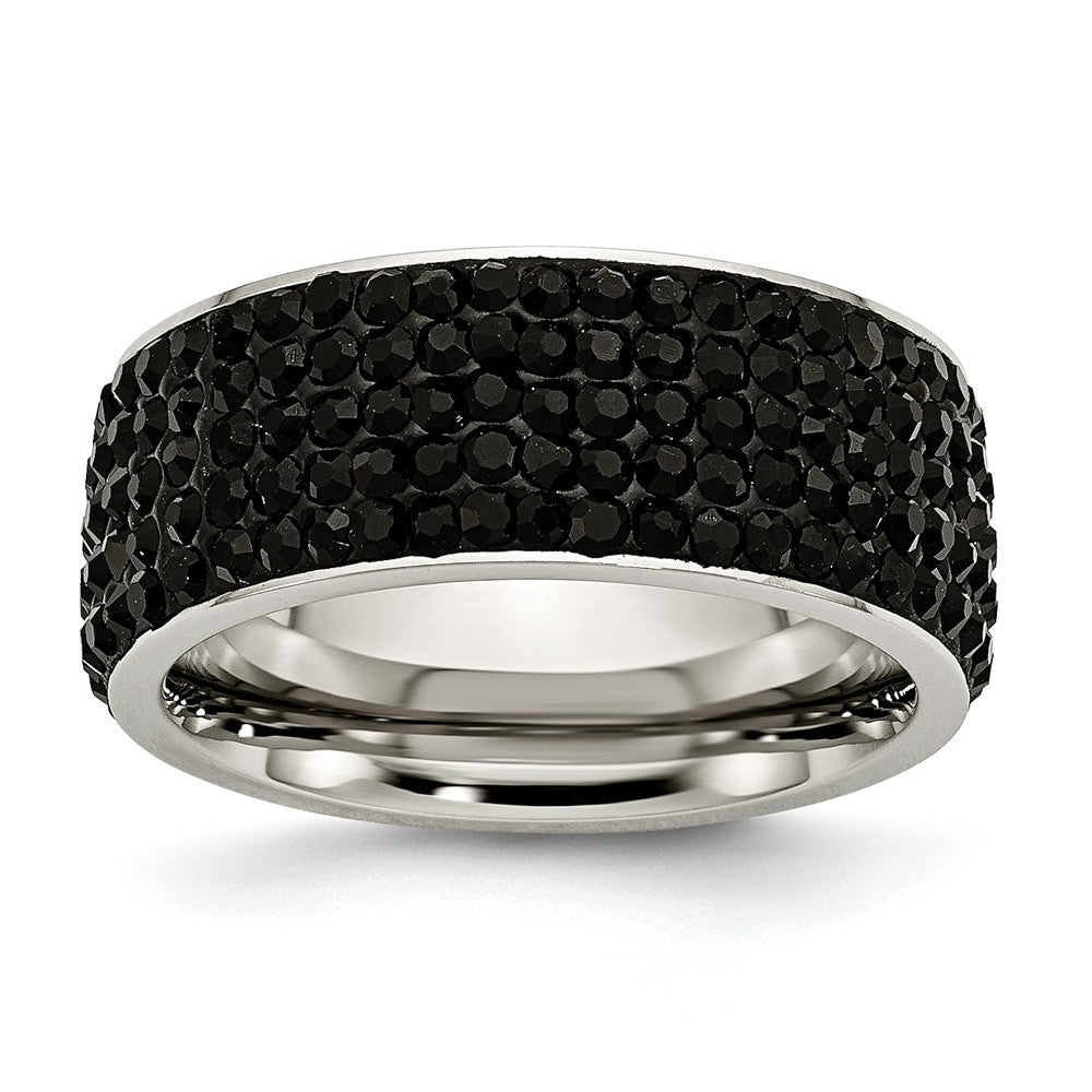 Stainless Steel Eternity Ring with Black Crystals Polished Modern Design