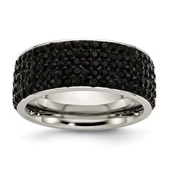 Stainless Steel Eternity Ring with Black Crystals Polished Modern Design - 7