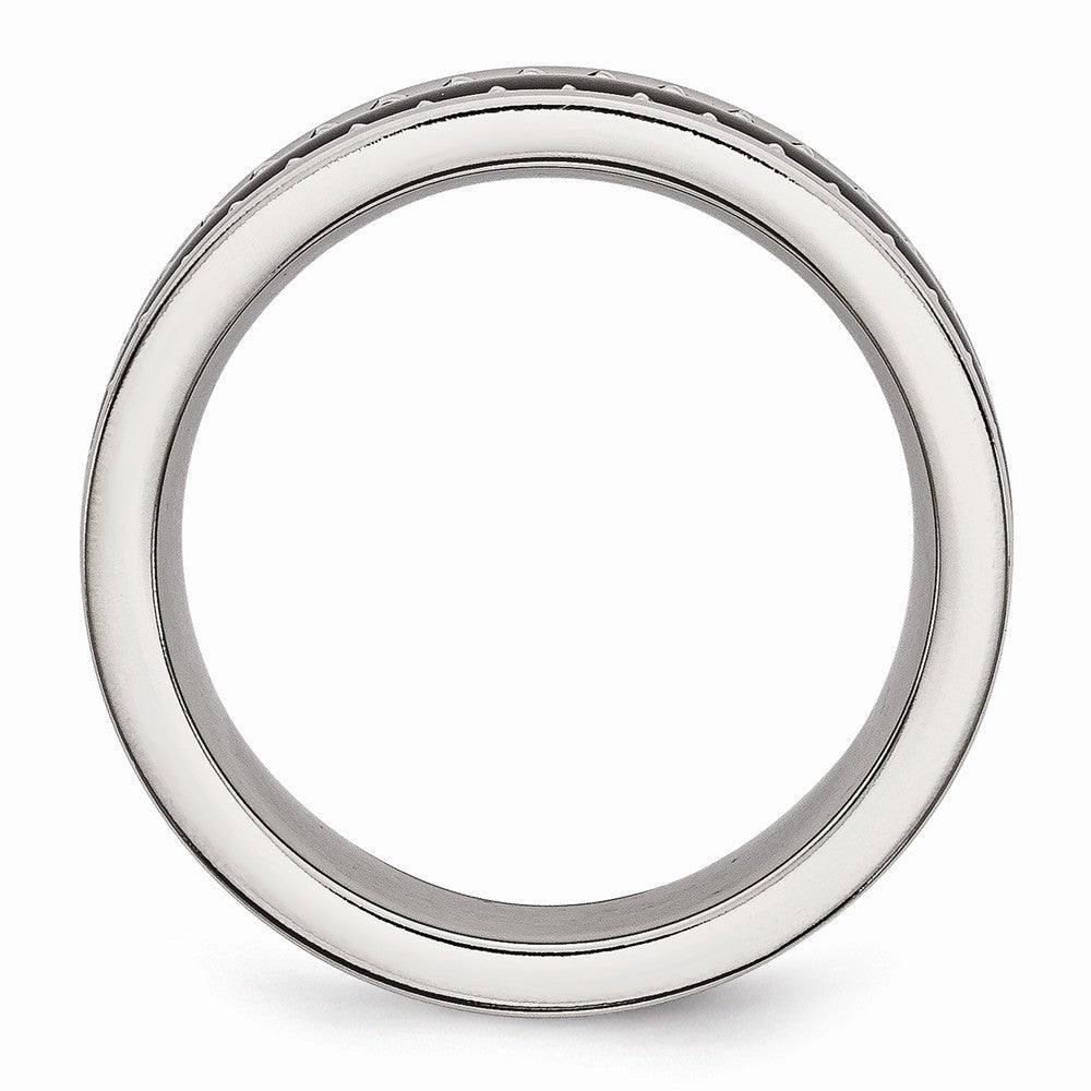 Stainless Steel Polished Ring with Black Ceramic Accent and Engravable Sawtooth Design