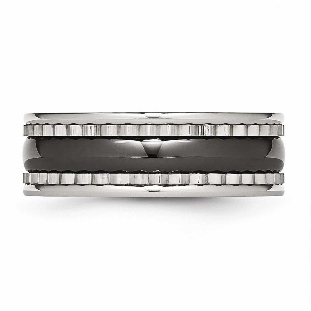 Stainless Steel Polished Ring with Black Ceramic Accent and Engravable Sawtooth Design