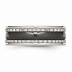 Stainless Steel Polished Ring with Black Ceramic Accent and Engravable Sawtooth Design