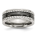 Stainless Steel Polished Ring with Black Ceramic Accent and Engravable Sawtooth Design