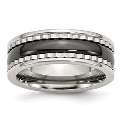 Stainless Steel  with Sawtooth Accent & Black Ceramic Center Band
