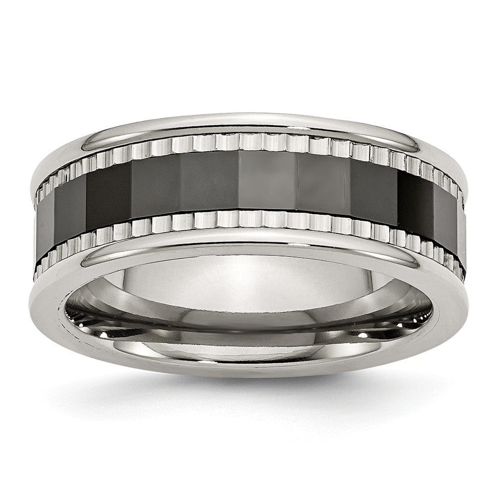 Stainless Steel w/Sawtooth Accent/Black Ceramic Center Faceted Band