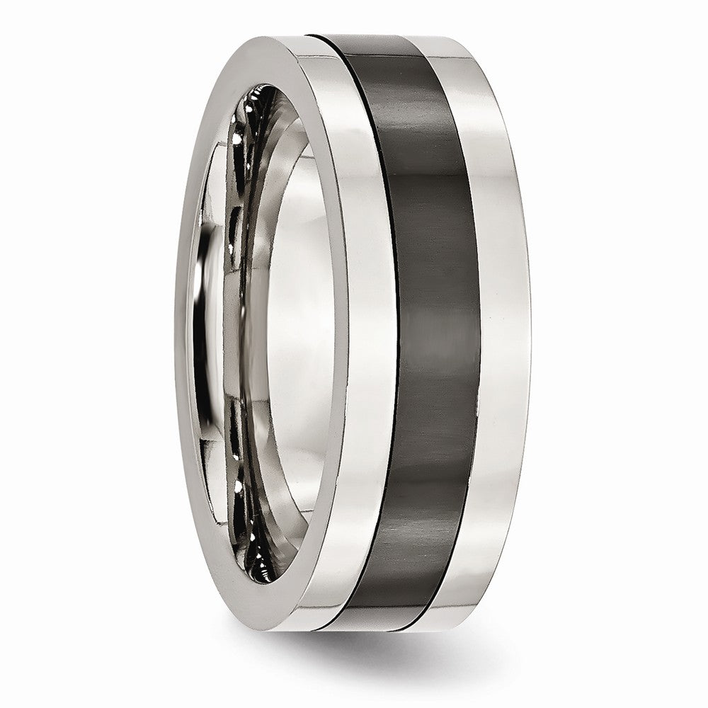 Black Ceramic Center Wedding Band in Stainless Steel, 8mm