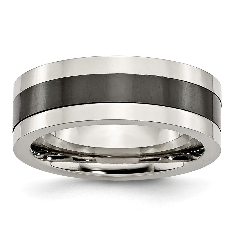 Black Ceramic Center Wedding Band in Stainless Steel, 8mm