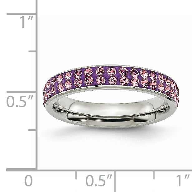 Stainless Steel 4mm Polished Light Purple Crystal Ring