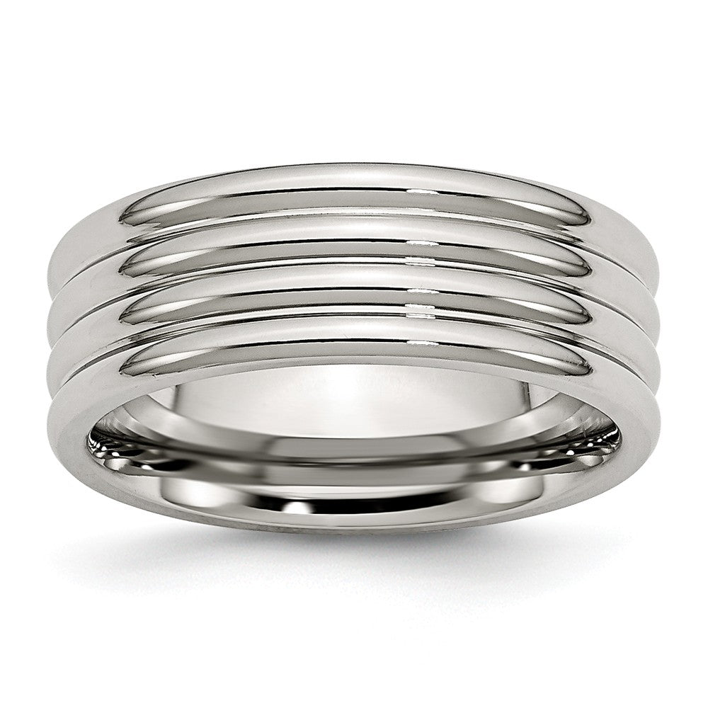 Stainless Steel Wedding Band with Grooved Design and Comfort Fit 8mm Main image