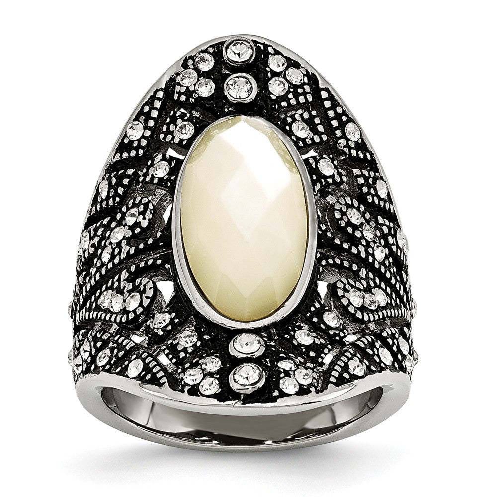 Stainless Steel Antiqued Crystal and Mother of Pearl Ring