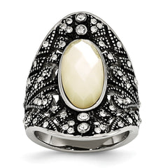 Stainless Steel Antiqued Crystal and Mother of Pearl Ring