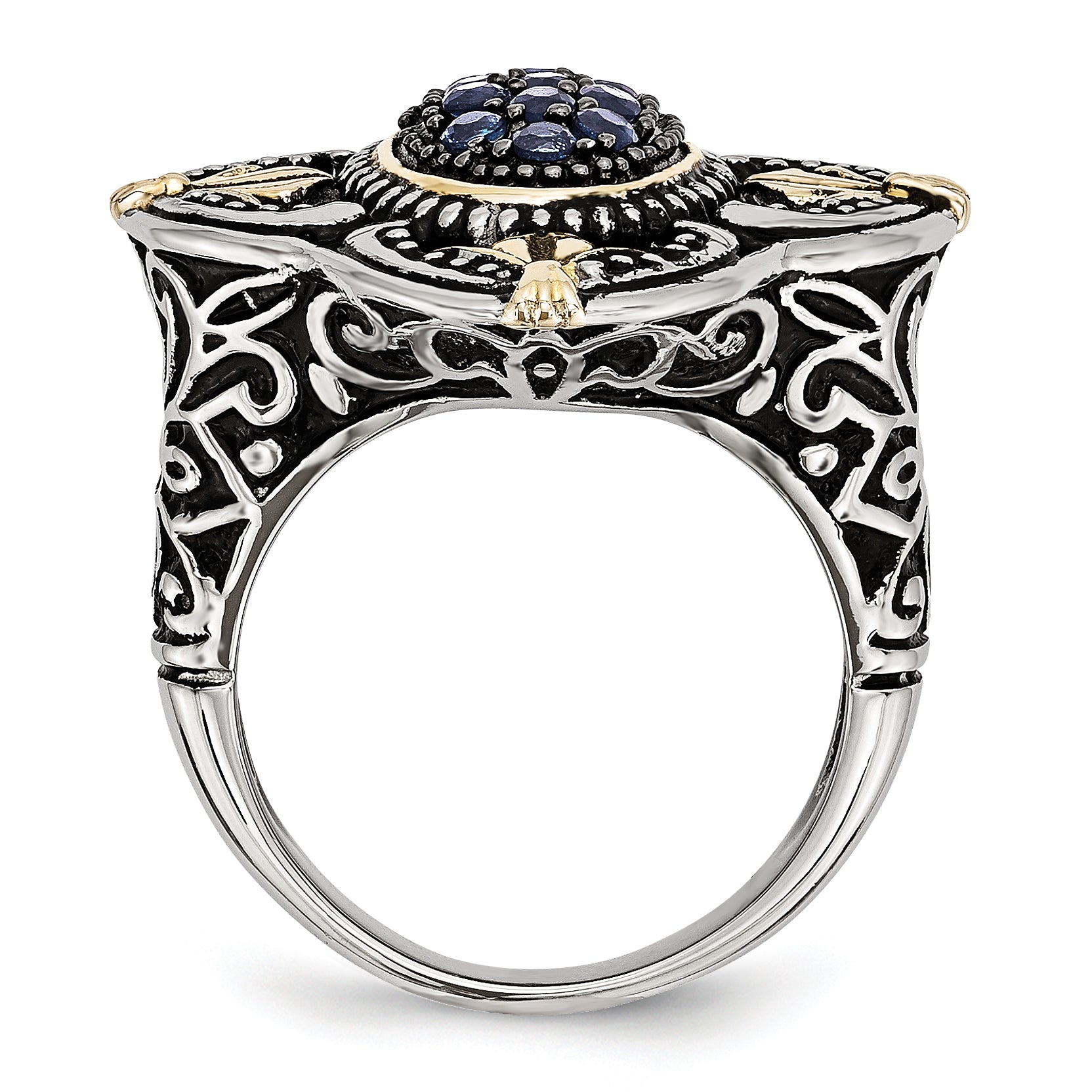 Stainless Steel Blue Glass with Yellow IP-plated Accent Antiqued Ring Secondary image