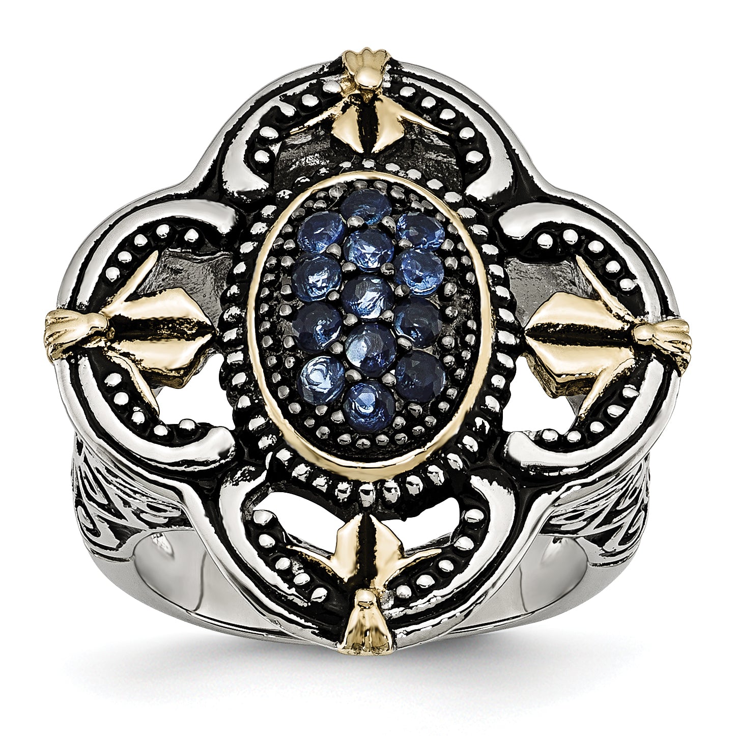 Stainless Steel Blue Glass with Yellow IP-plated Accent Antiqued Ring Main image
