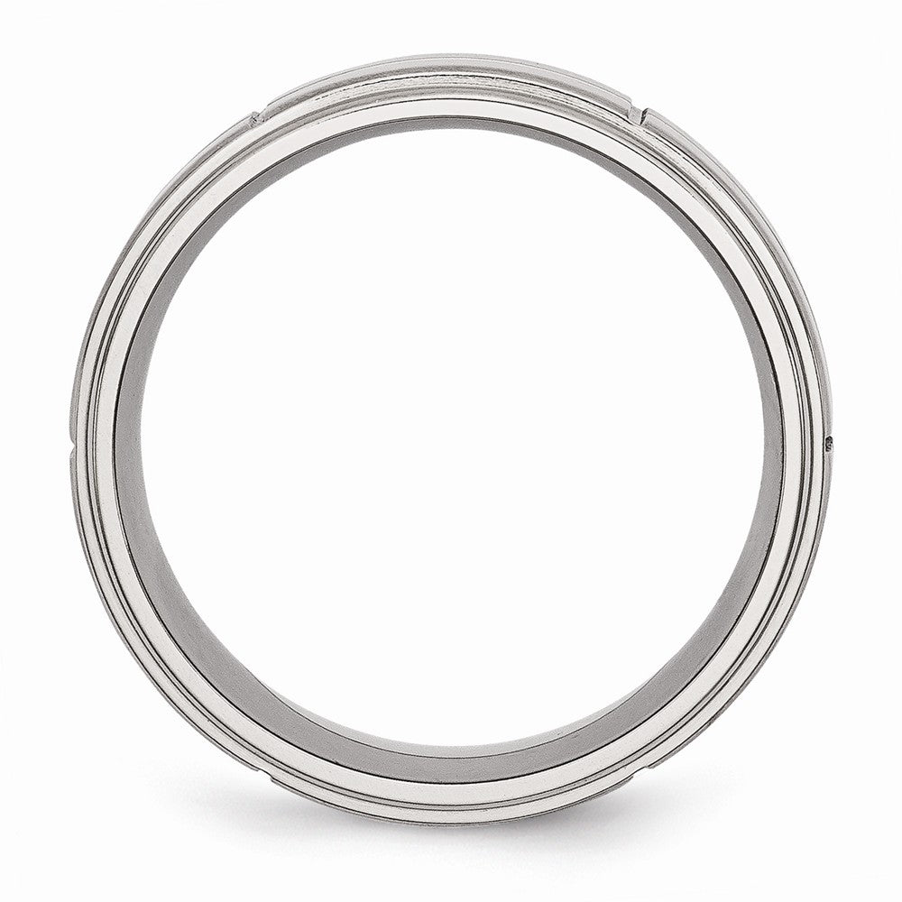 Stainless Steel Wedding Band with Grooved Brushed Polished Edge Engravable by Sophia Jewelers