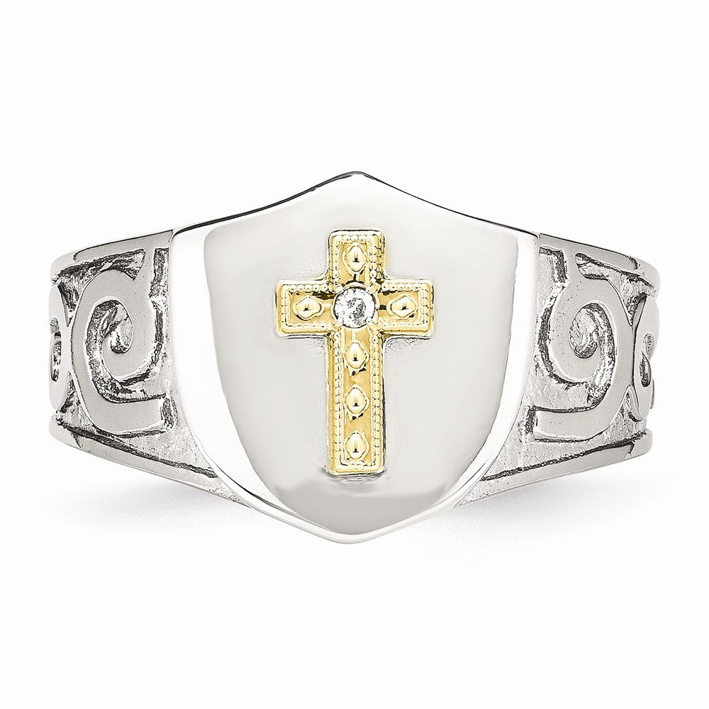 Stainless Steel with 10K Gold Cross and .02ct Diamond Polished Ring