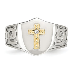 Stainless Steel Polished with 10K Gold Cross and .02 Carat Diamond Ring