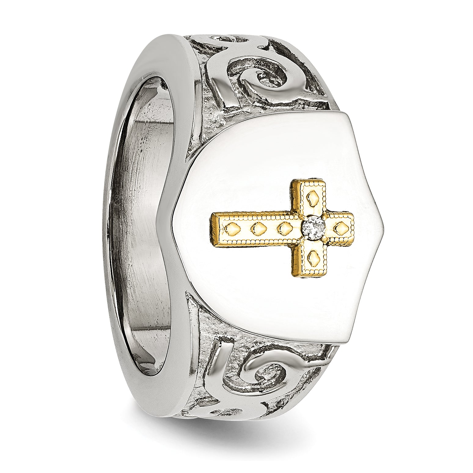 Stainless Steel Polished with 10K Gold Cross and .02 Carat Diamond Ring