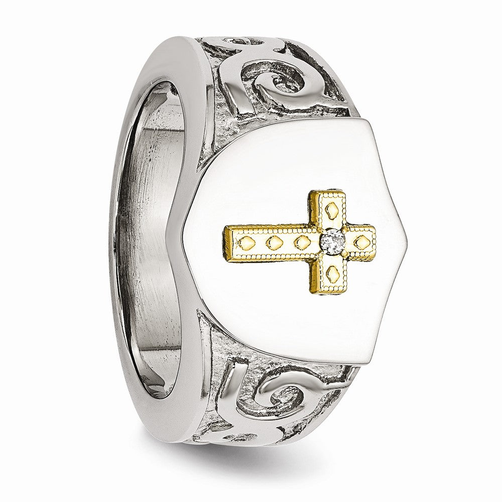 Stainless Steel with 10K Gold Cross and .02ct Diamond Polished Ring