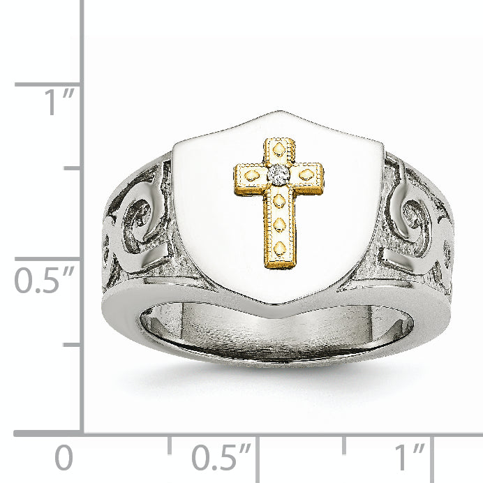 Stainless Steel Polished with 10K Gold Cross and .02 Carat Diamond Ring