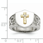 Stainless Steel Polished with 10K Gold Cross and .02 Carat Diamond Ring