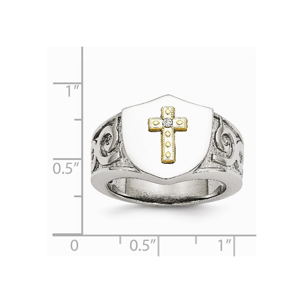 Stainless Steel with 10K Gold Cross and .02ct Diamond Polished Ring