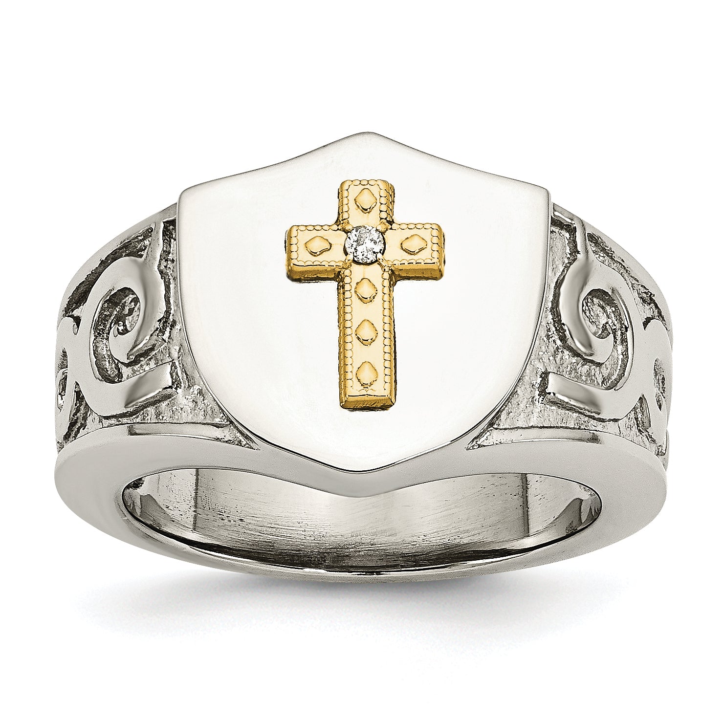 Stainless Steel Polished with 10K Gold Cross and .02 Carat Diamond Ring