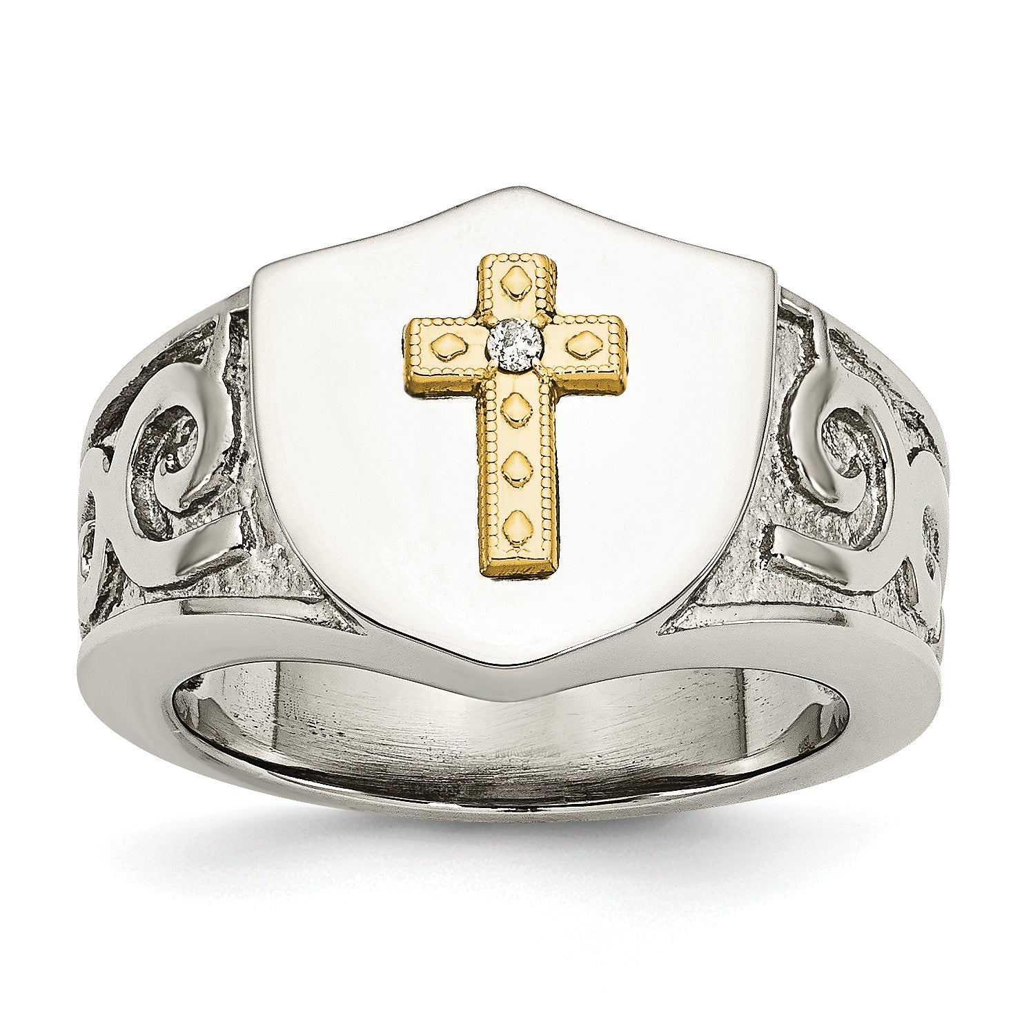 Stainless Steel Polished with 10K Gold Cross and .02 Carat Diamond Ring Main image