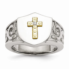 Stainless Steel with 10K Gold Cross and .02ct Diamond Polished Ring