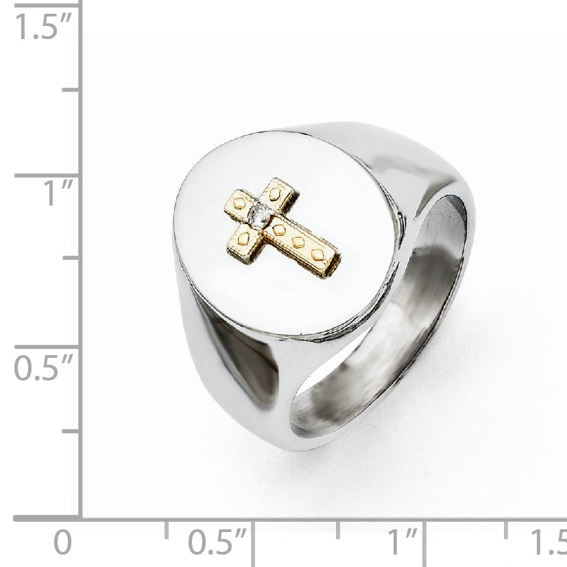 Stainless Steel Polished with 10K Gold Cross and .02 Carat Diamond Ring