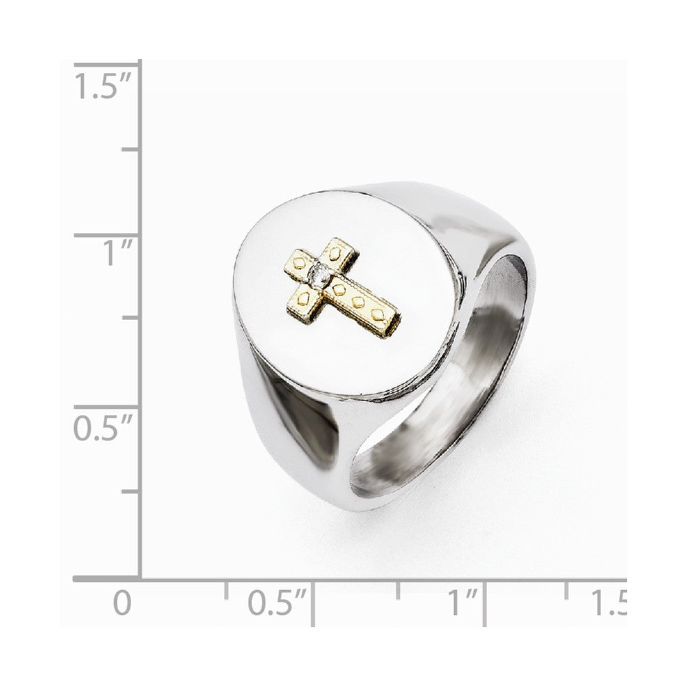 Stainless Steel with 10K Gold Cross and .02ct Diamond Polished Ring