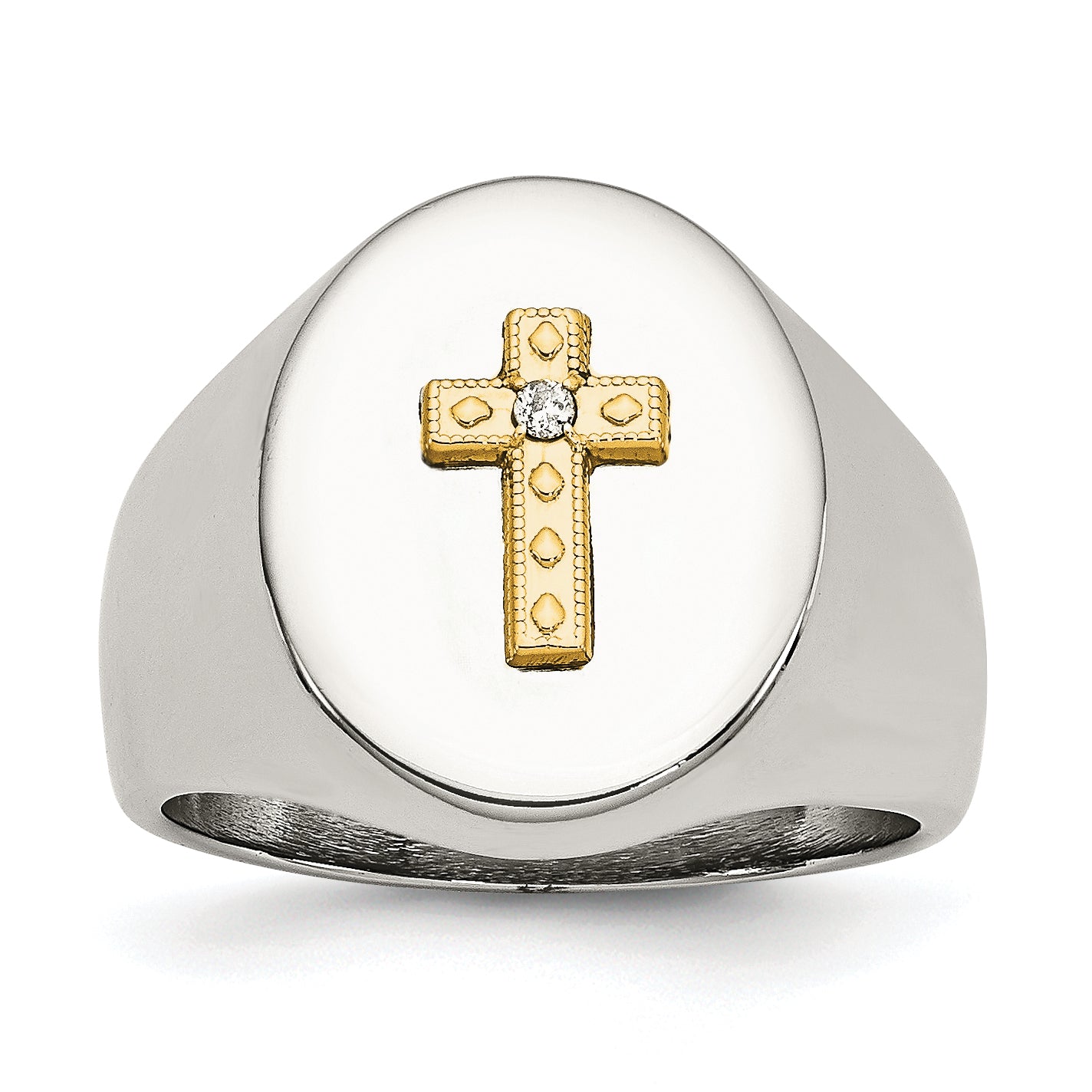 Stainless Steel Polished with 10K Gold Cross and .02 Carat Diamond Ring