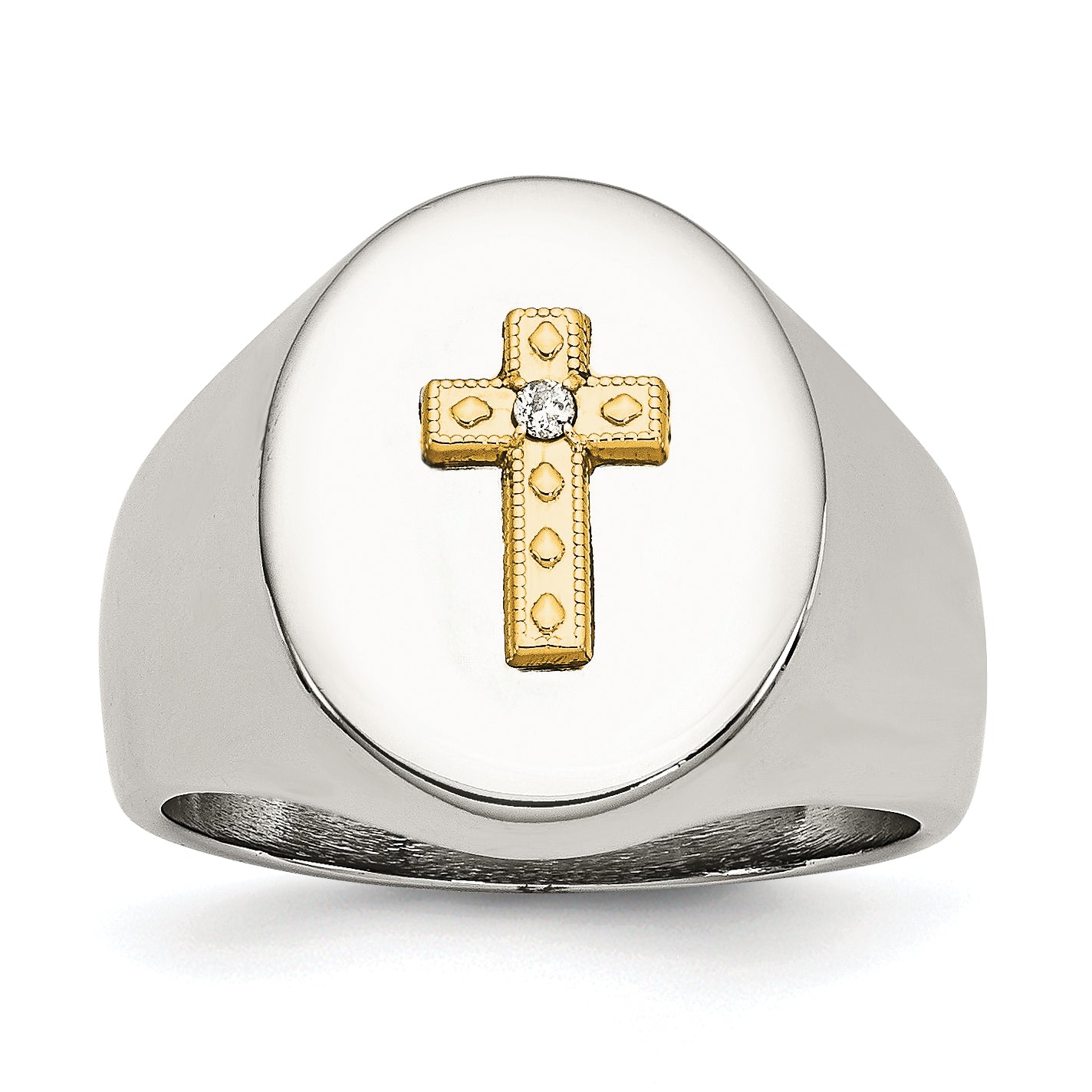 Stainless Steel Polished with 10K Gold Cross and .02 Carat Diamond Ring Main image