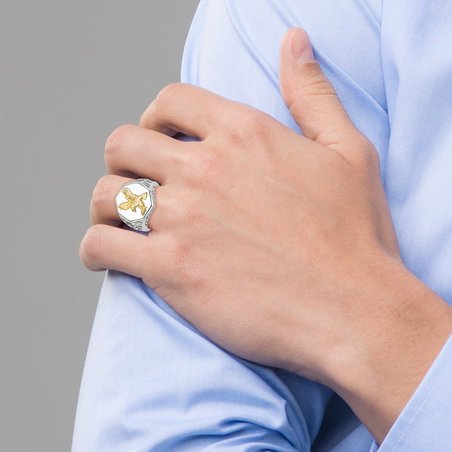 Stainless Steel Polished Yellow IP-plated with Sterling Silver Eagle Ring