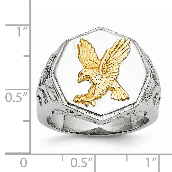 Stainless Steel Polished Yellow IP-plated with Sterling Silver Eagle Ring