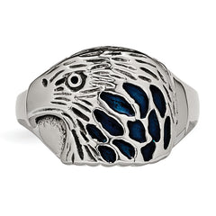 Stainless Steel Polished and Textured Blue Enamel Eagle Ring