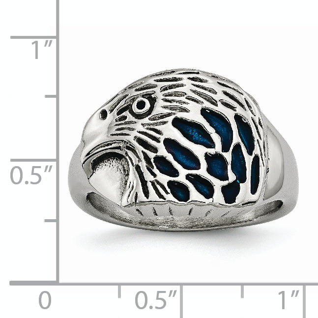 Stainless Steel Polished and Textured Blue Enamel Eagle Ring