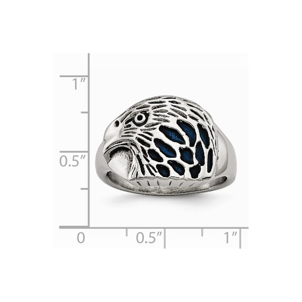 Stainless Steel Polished Blue Enamel Eagle Ring