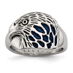 Stainless Steel Polished Blue Enamel Eagle Ring