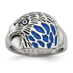 Stainless Steel Polished and Textured Blue Enamel Eagle Ring