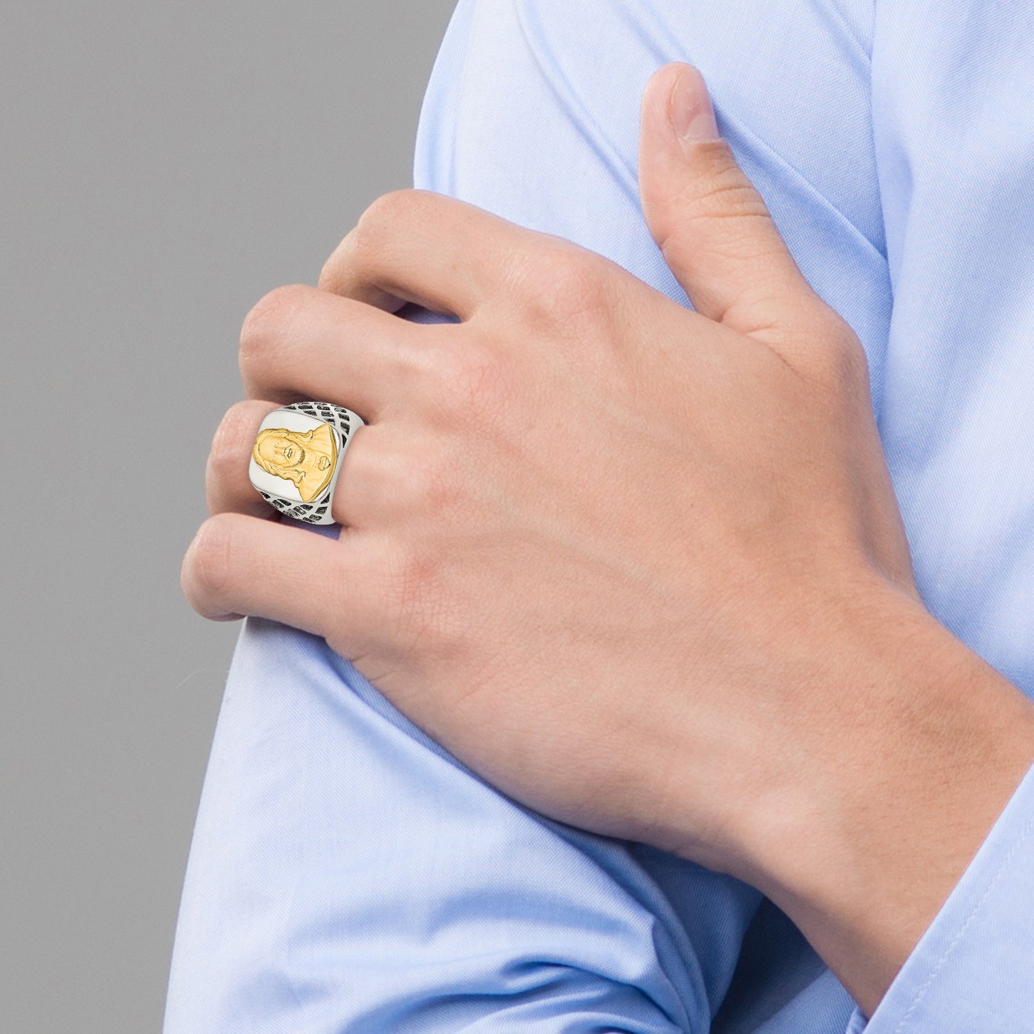 Stainless Steel with Sterling Silver Jesus Yellow IP-plated Polished Ring