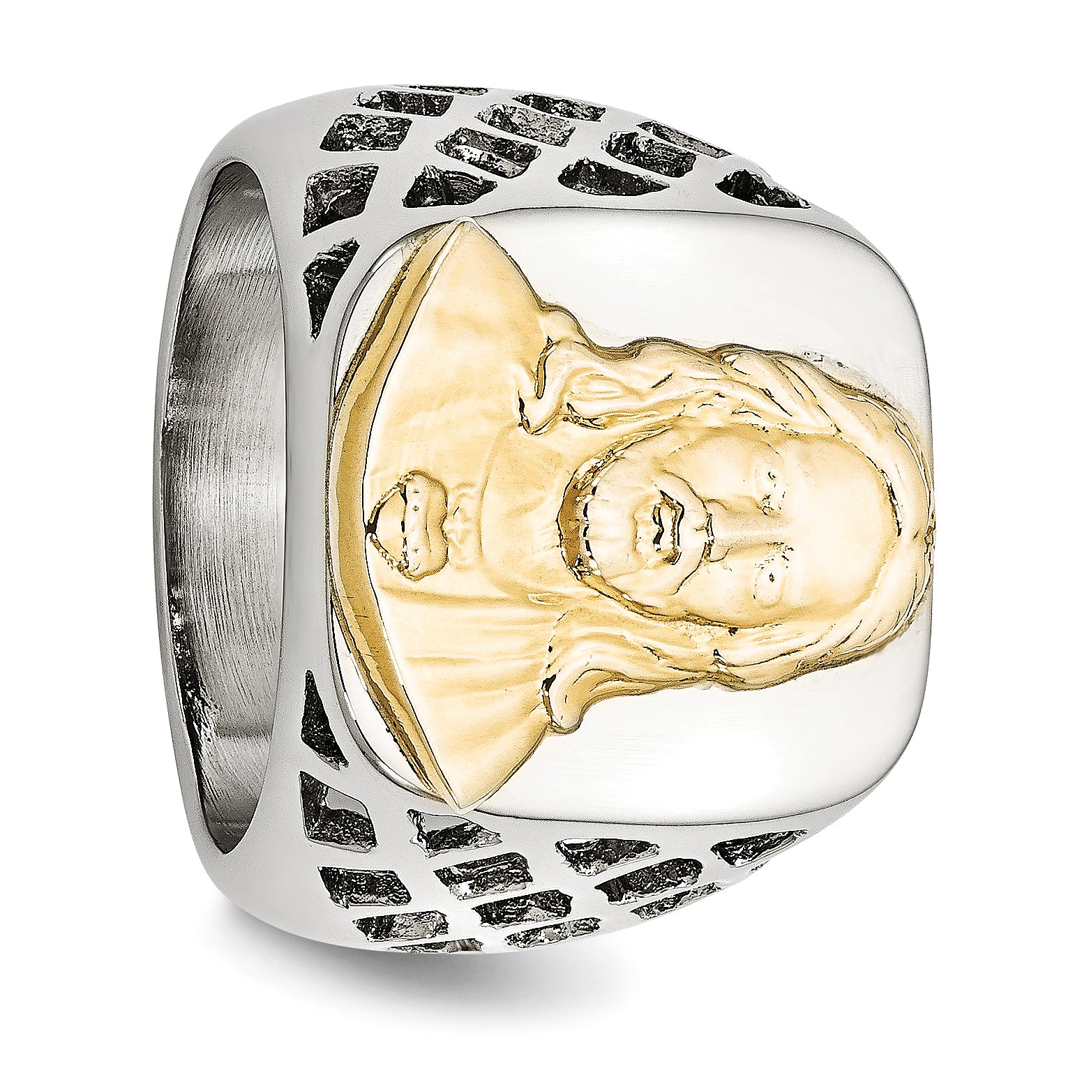 Stainless Steel with Sterling Silver Jesus Yellow IP-plated Polished Ring