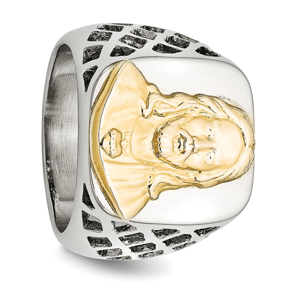 Stainless Steel with Sterling Silver Jesus Yellow IP-plated Polished Ring