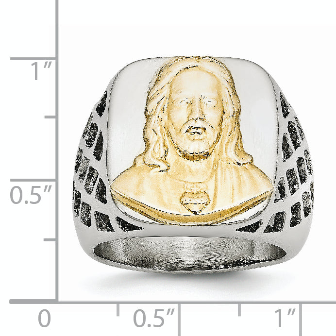 Stainless Steel with Sterling Silver Jesus Yellow IP-plated Polished Ring