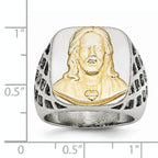 Stainless Steel with Sterling Silver Jesus Yellow IP-plated Polished Ring