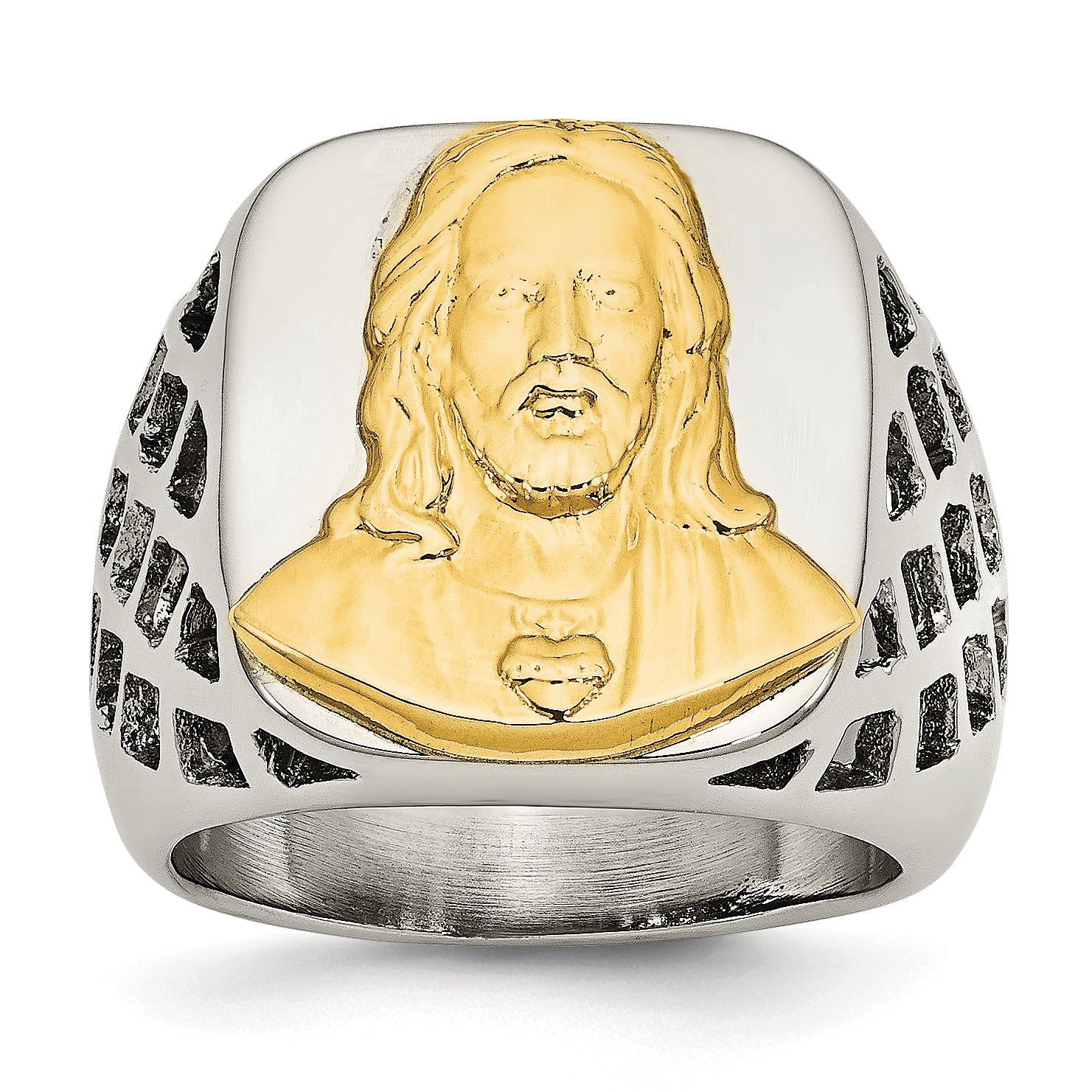 Stainless Steel with Sterling Silver Jesus Yellow IP-plated Polished Ring Main image