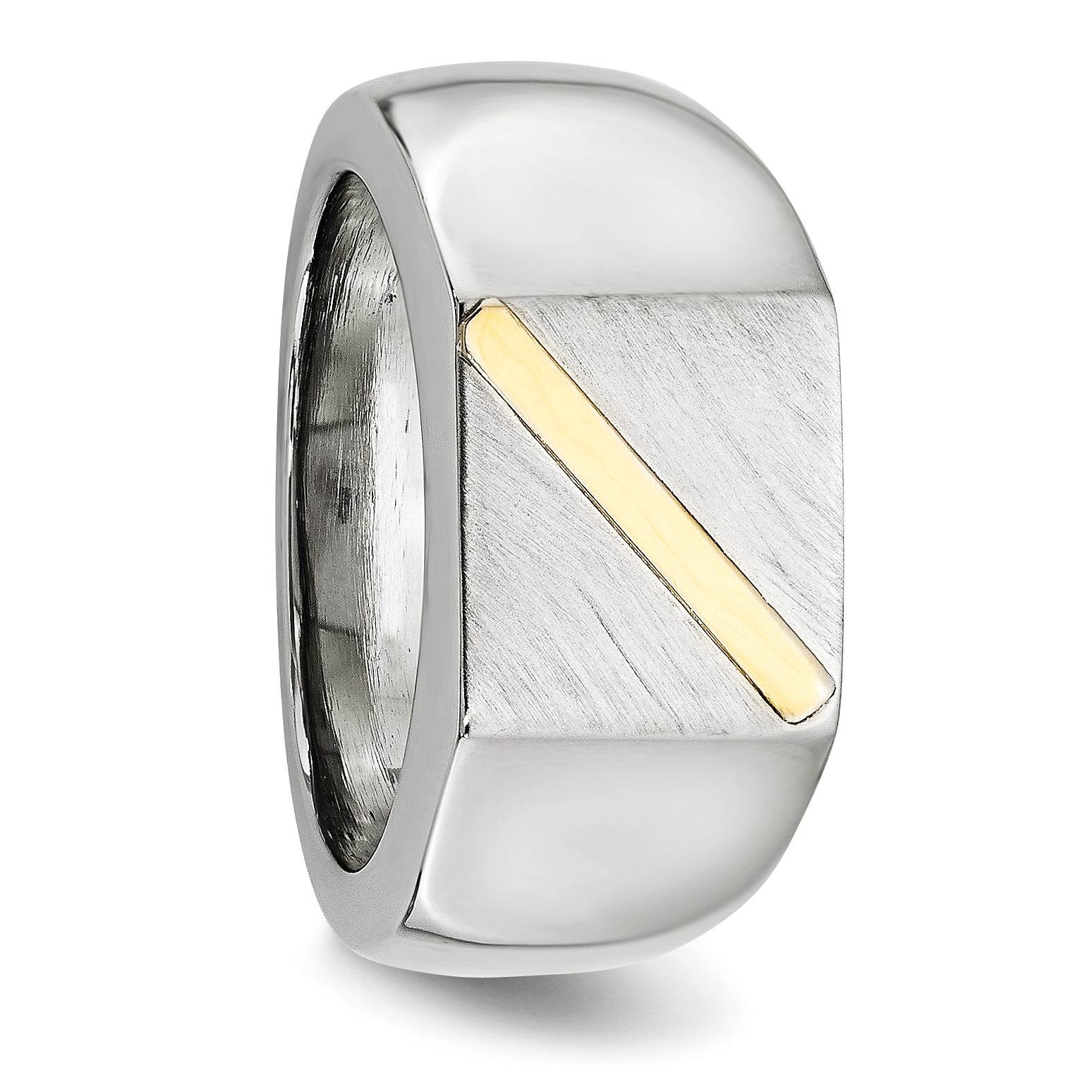 Stainless Steel Brushed and Polished with 14K Gold Stripe Signet Ring