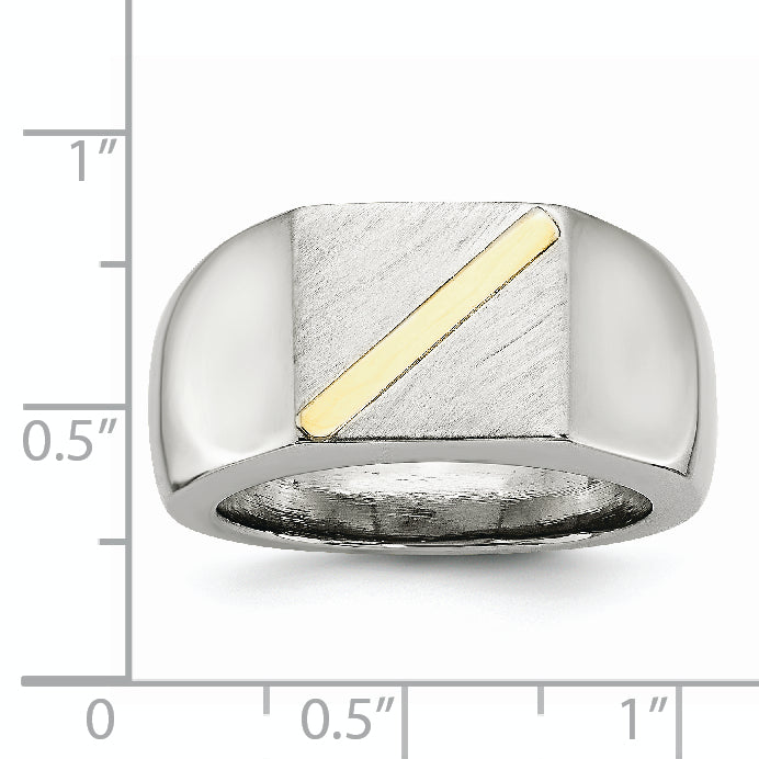 Stainless Steel Brushed and Polished with 14K Gold Stripe Signet Ring