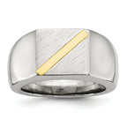 Stainless Steel Brushed and Polished with 14K Gold Stripe Signet Ring