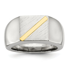 Stainless Steel Brushed and Polished with 14K Gold Stripe Signet Ring